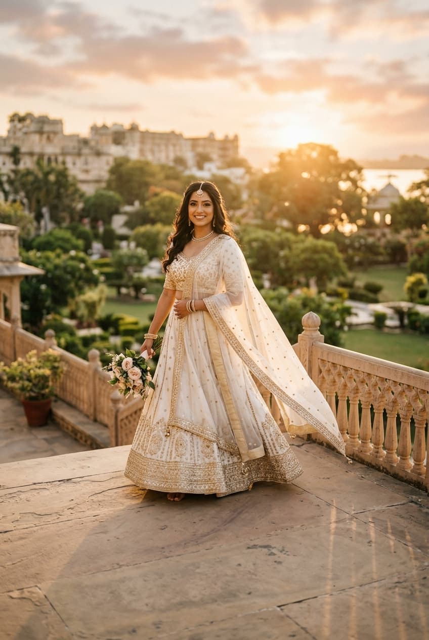 Elegant bride in ivory and gold lehenga on a palace terrace at sunset