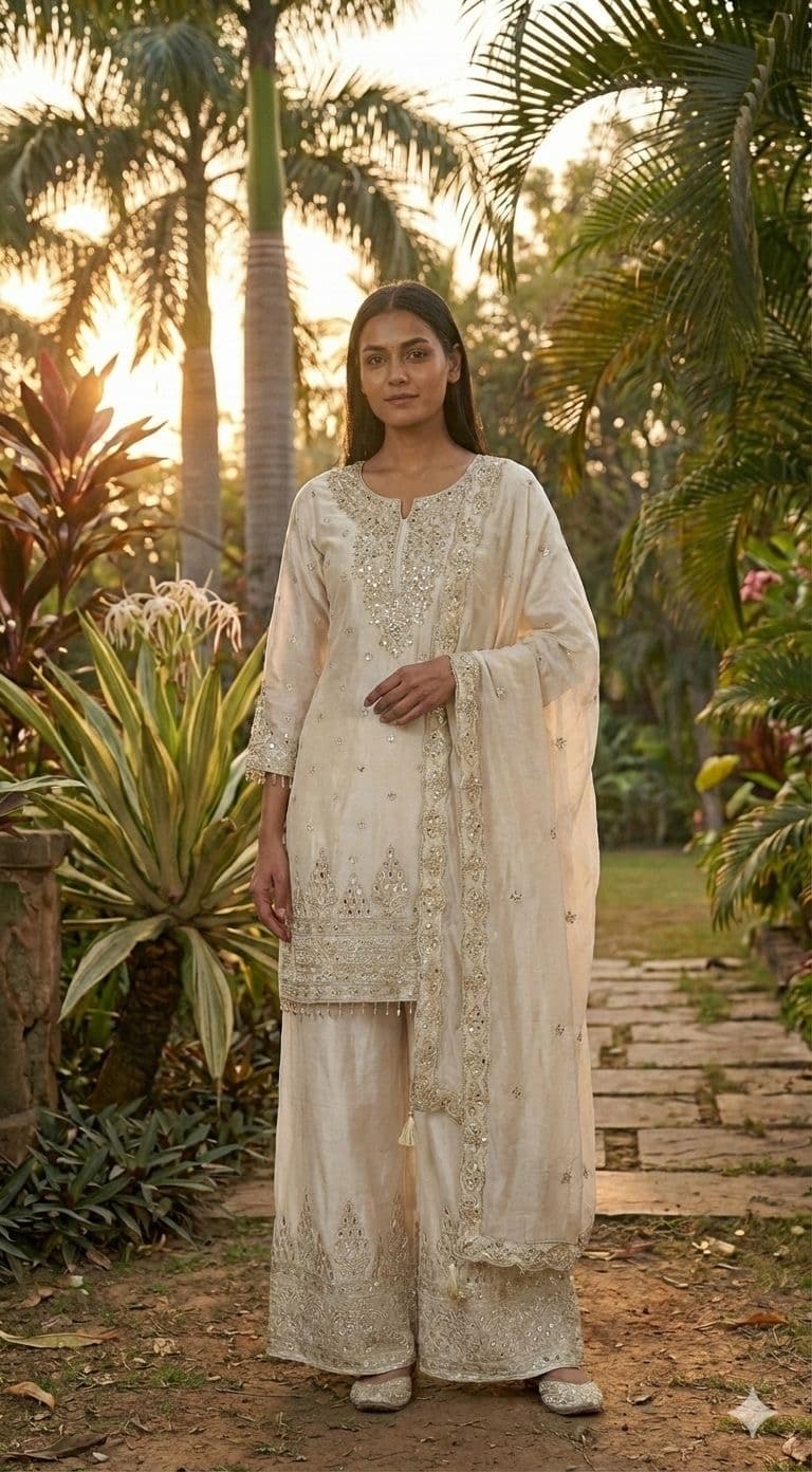 Elegant Off-White Embroidered Palazzo Suit Set
