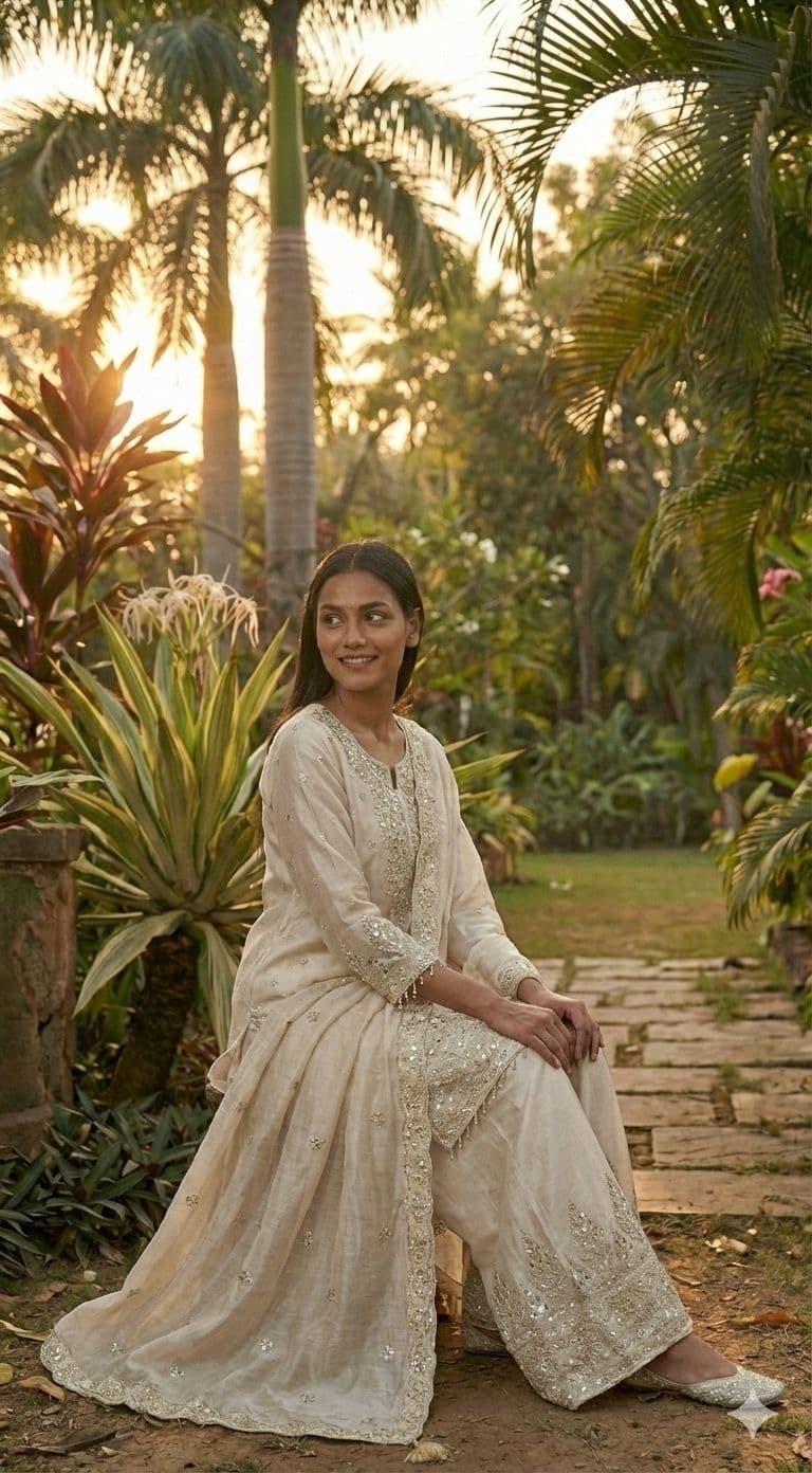 Elegant Off-White Embroidered Palazzo Suit Set - View 2