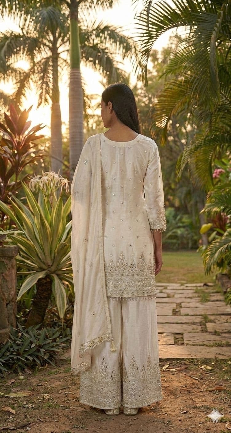 Elegant Off-White Embroidered Palazzo Suit Set - View 3