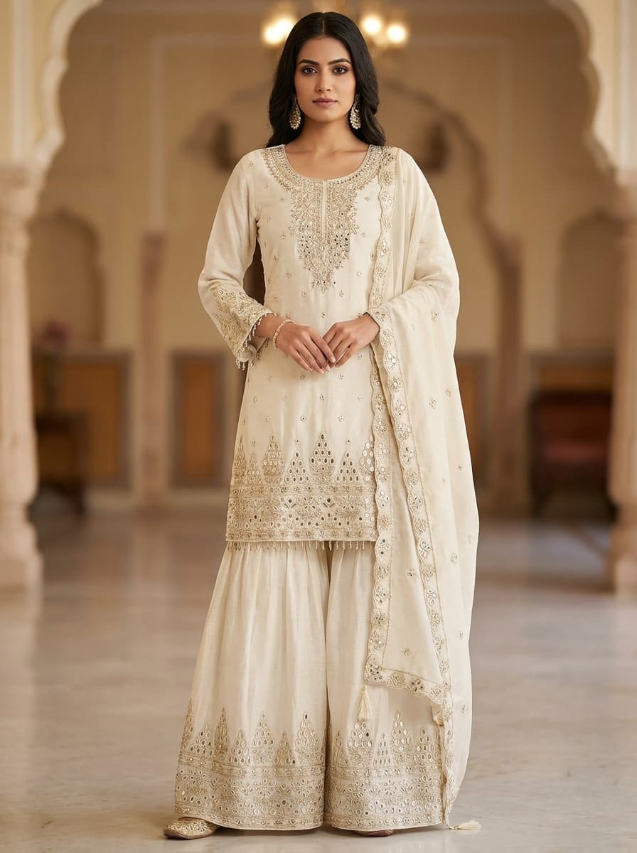 Elegant White Embroidered Sharara Suit Set