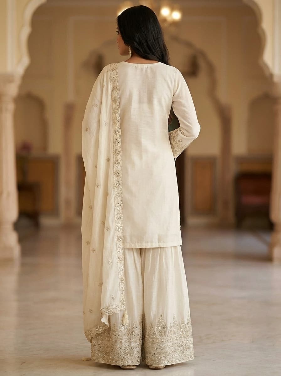 Elegant White Embroidered Sharara Suit Set - View 2
