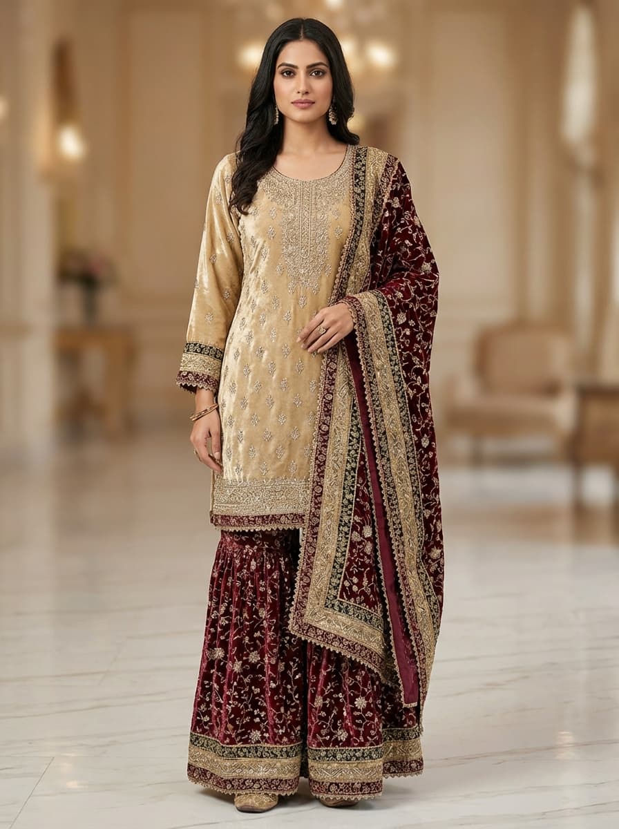 Elegant Embroidered Velvet Sharara Suit