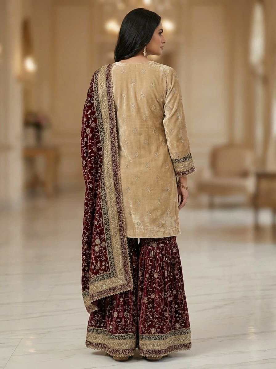 Elegant Embroidered Velvet Sharara Suit - View 2