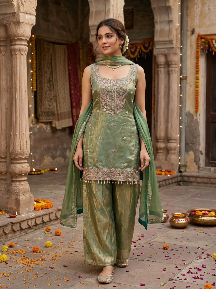 Mint Green Embroidered Chanderi Silk Straight Palazzo Suit - View 1