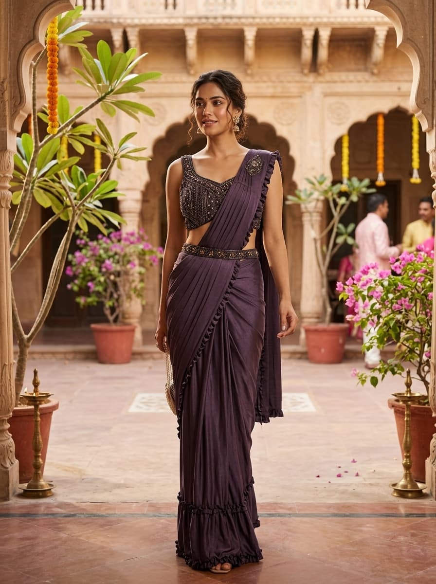 Smoky Purple Embellished Georgette Pre-Draped Ruffle Saree - View 1