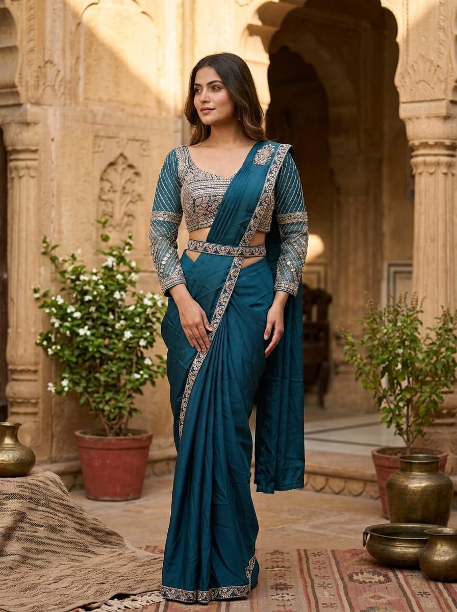 Teal Sequin Embroidered Satin Blend Pre-Draped Saree Set - View 1