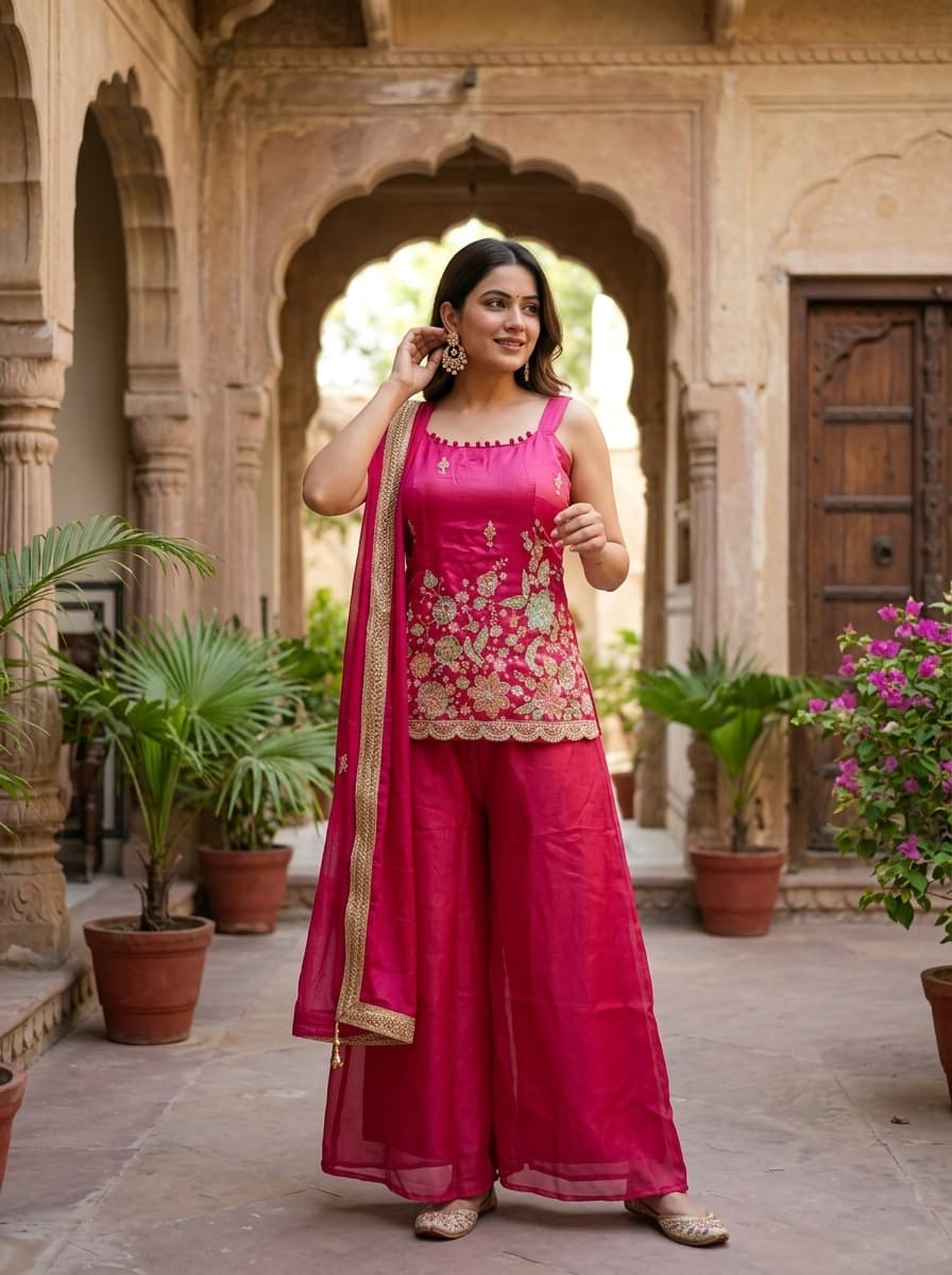 Magenta Embroidered Art Silk Sleeveless Palazzo Set - View 1