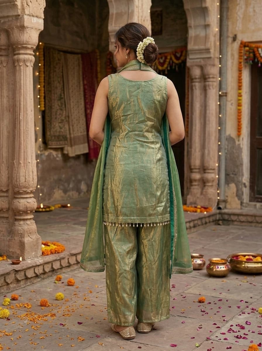 Mint Green Embroidered Chanderi Silk Straight Palazzo Suit - View 2