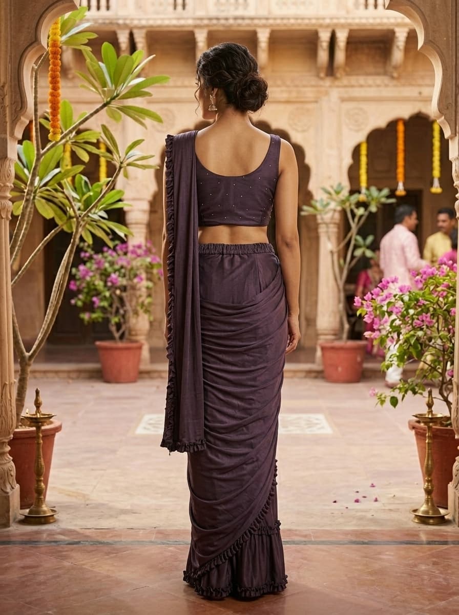 Smoky Purple Embellished Georgette Pre-Draped Ruffle Saree - View 2