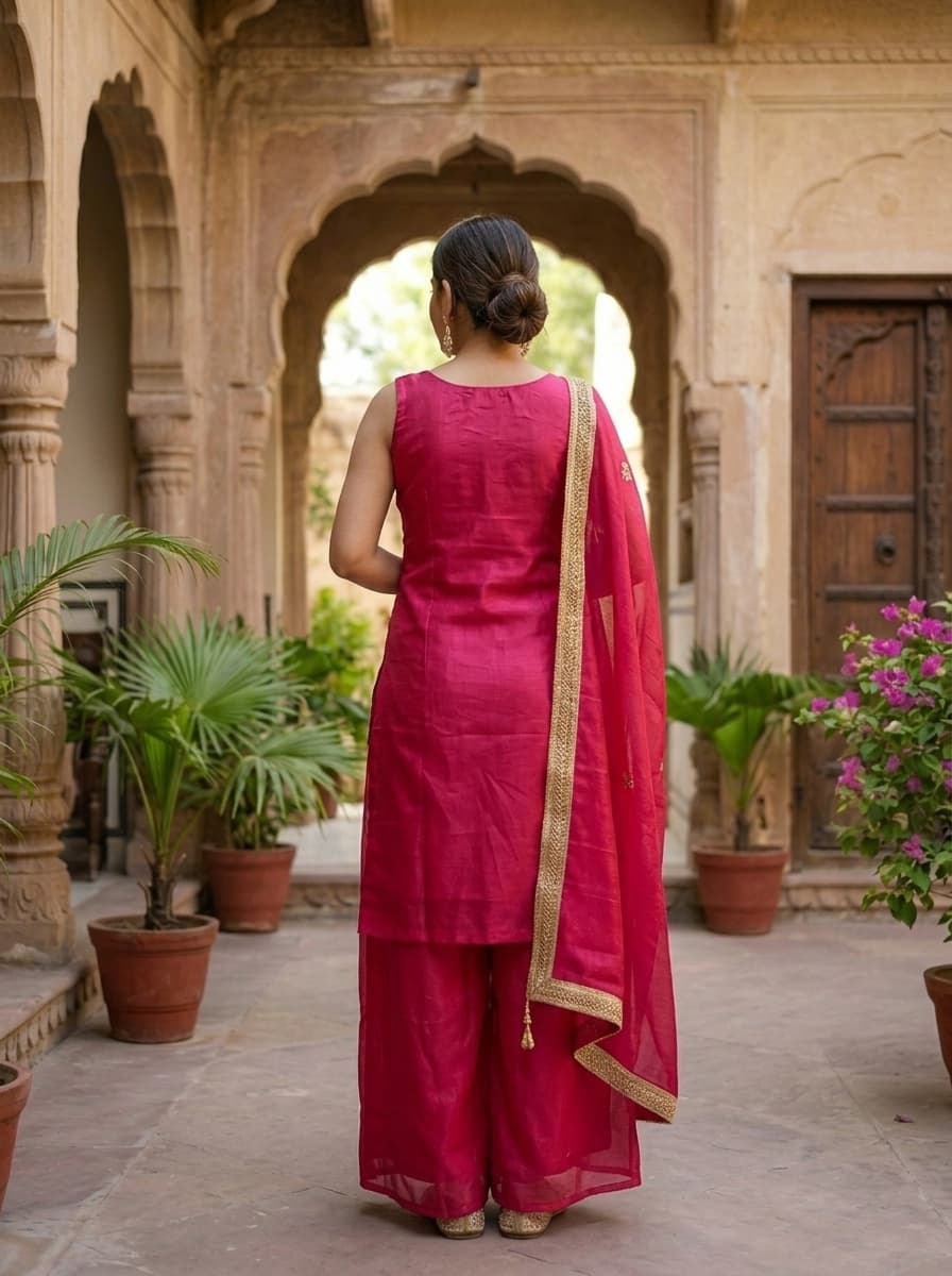 Magenta Embroidered Art Silk Sleeveless Palazzo Set - View 2