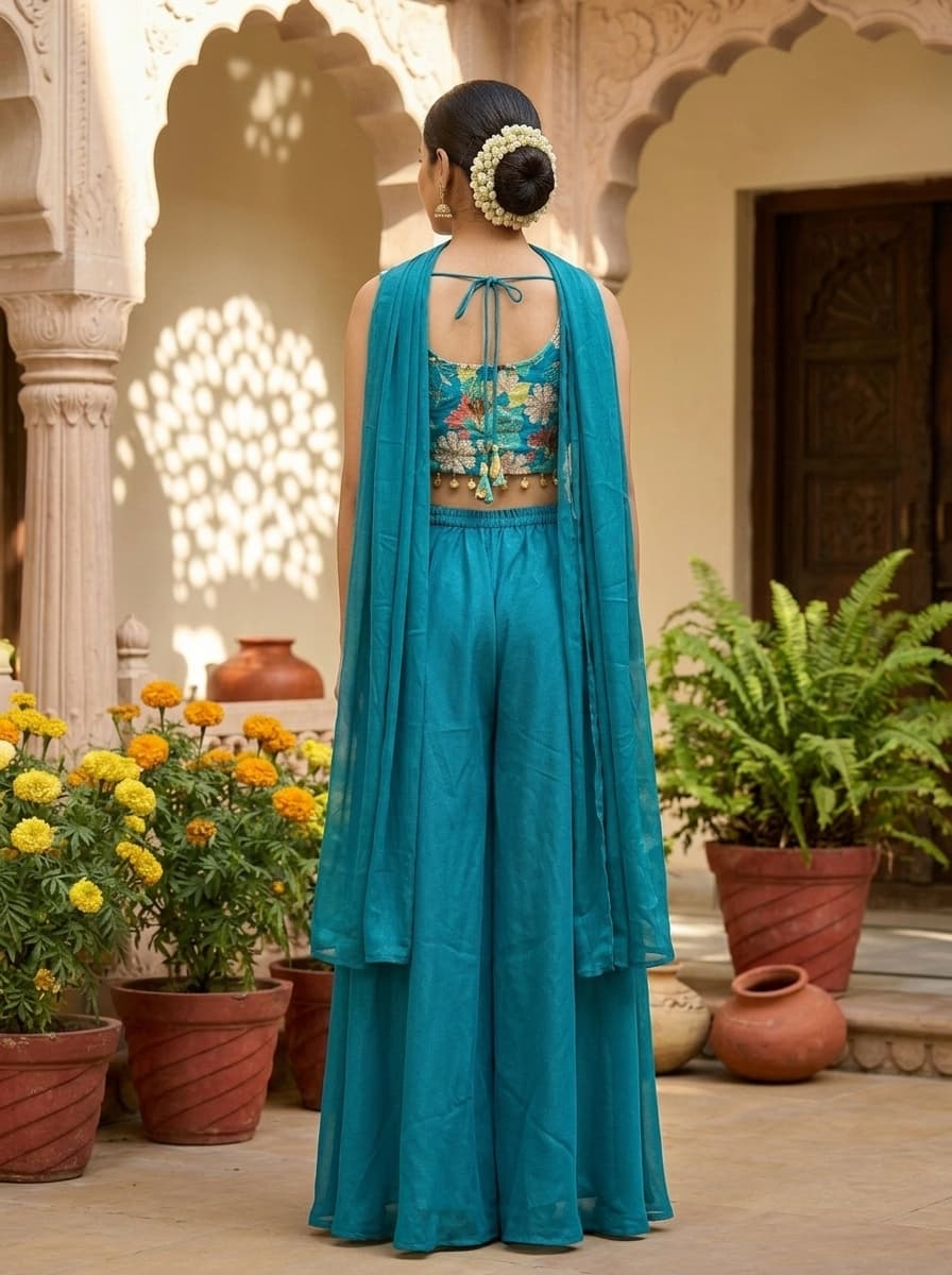 Torquoise Blue Floral Embroidered Georgette Blend Palazzo Co-Ord Set - View 2
